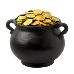 A black cauldron overflowing with shiny gold coins a whimsical symbol of wealth and fortune
