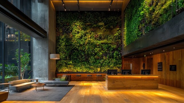 Green Hotel Lobby: A hotel reception area adorned with recycled wood furniture, LED lighting, and a vertical garden.