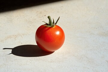 Bright red tomato sits on surface, casting soft shadow, showcasi