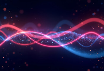 Abstract Energy Waves with Glowing Lights on a Dark Background. Vibrant abstract glowing waves in motion surrounded by sparkling particles set on a dark canvas.