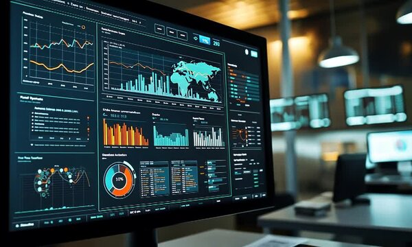 A digital dashboard displaying various data visualizations and analytics.