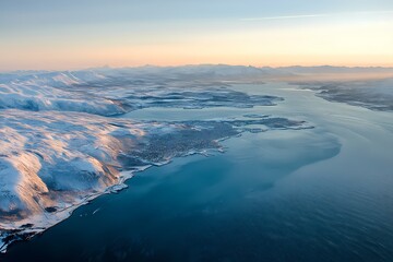 Aerial View of Snow Covered Mountains and Coastal Town