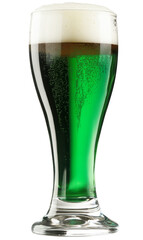 A glass of green beer with a thick white foam head, on a white background, St Patrick's Day