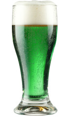 A glass of green beer with a frothy white head is seen on a plain white background