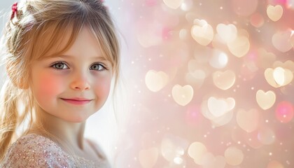 Fototapeta premium Adorable Little Girl with Hearts Bokeh Background