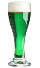 A tall glass of green beer with a thick white head, ideal for St Patricks Day celebrations