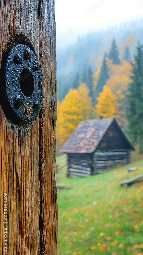 Poster scenic view of a rustic cabin surrounded by autumn foliage in a serene forest setting. generative ai