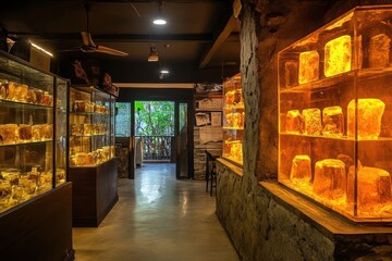 Amber museum interior, glowing displays, garden view, historical artifacts.
