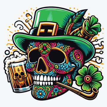 colorful skull wearing green hat drinking beer clip art preview