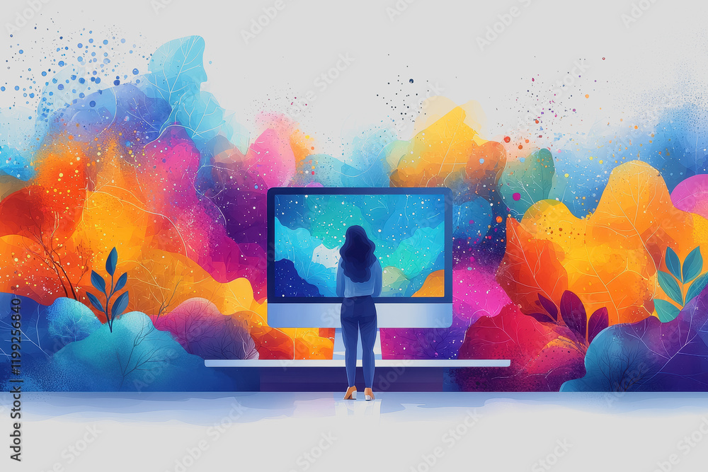 Poster person standing in front of a computer screen displaying colorful watercolors and artistic creative 