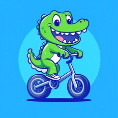 Happy crocodile riding bike, blue background, children's illustration, fun
