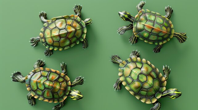 Four green turtles on a green background.