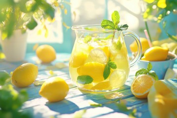 Refreshing lemonade pitcher with floating lemons and mint on a sunny picnic table