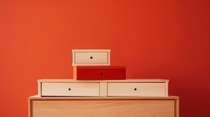 A wood dresser with a drawer in front and two smaller drawers stacked on top, against an orange wall.