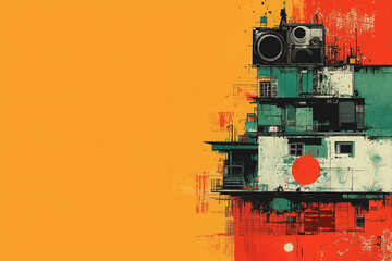 A vibrant painting depicting a unique building with a striking red circle against a colorful background showcasing artistic expression and creative vision in modern art 180 chars