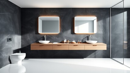 Modern Floating Vanity Bathroom with Backlit Mirrors and Dark Stone Walls
