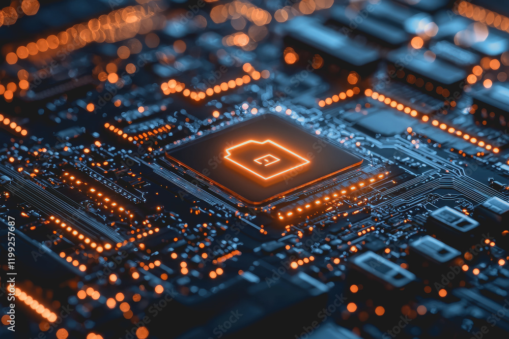 Poster circuit board with illuminated orange light top close-up view of electrical components technology an