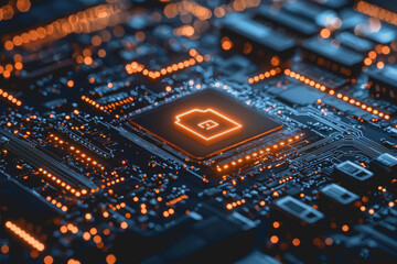 Fototapeta premium Circuit board with illuminated orange light top close-up view of electrical components technology and innovation concept modern electronics circuitry and led lighting display