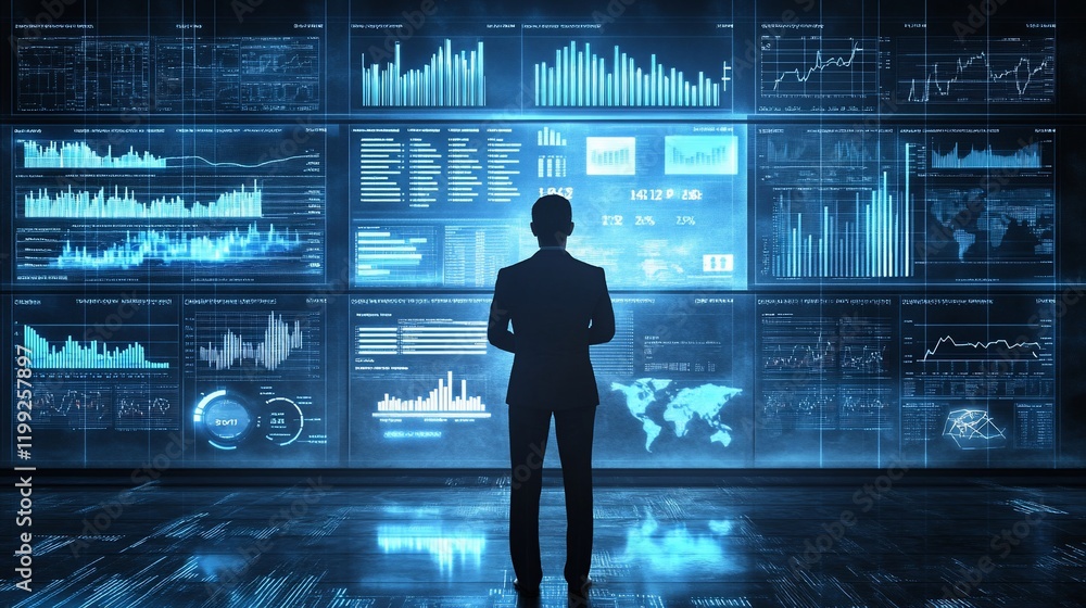 Poster businessman analyzing data on a huge interactive screen