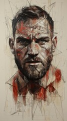 Dynamic Abstract Portrait of a Bearded Man in Red and Geometric Lines