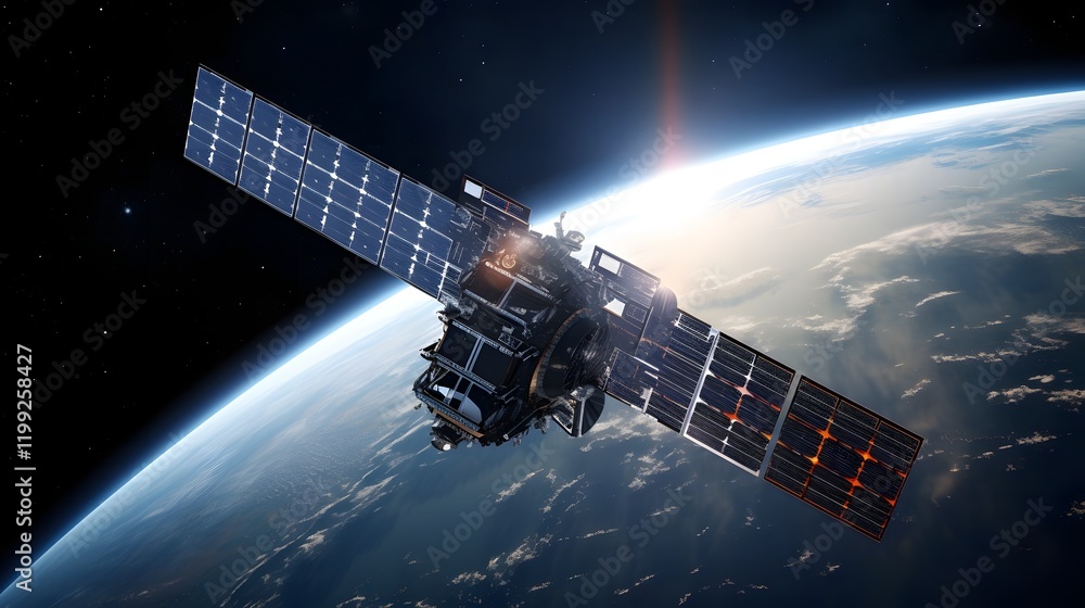 Poster a image showcasing a satellite with its solar panels fully deployed floating gracefully in the vast 