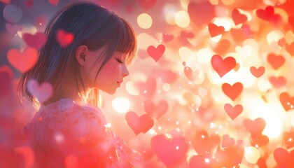 Dreamy portrait of a young woman surrounded by glowing hearts, conveying love, romance, and tenderness
