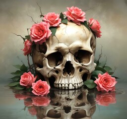 Illustration of human skull with roses.