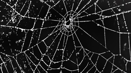 A spiderweb covered in dew drops.