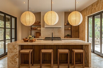Modern Kitchen Island with Stone Countertop and Woven Lights