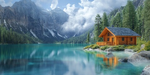 Fototapeta premium Secluded Alpine Log Cabin by a Serene Lake