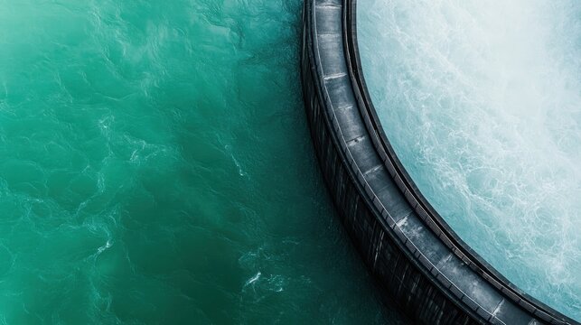Aerial view of a circular dam with turquoise water flowing over the edge, serene landscape