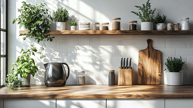 a kitchen with a wooden counter and shelves