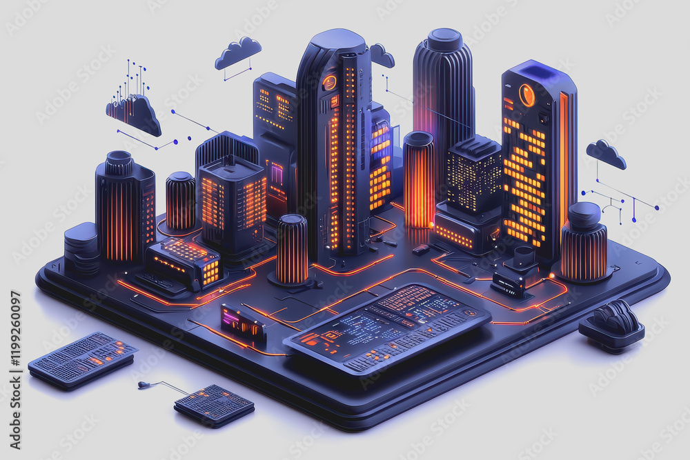 Poster computer displaying cityscape imagery on screen urban landscape reflected on technology modern digit