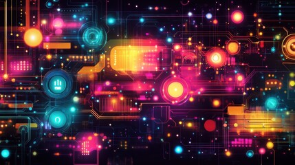 Fototapeta premium Vibrant digital abstract background featuring colorful lights and circuitry patterns