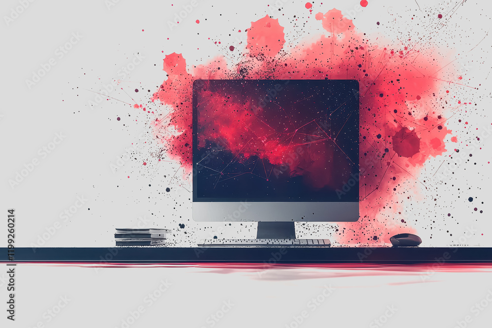 Poster computer with red splash design on screen modern technology concept creative workspace digital art b