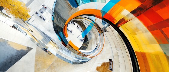 Abstract aerial view of a colorful spiral staircase in a modern building. Bright, vibrant colors and dynamic composition.