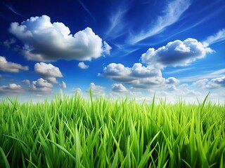 Obraz premium Stunning Green Grass Field, Blue Sky, White Clouds, High Depth of Field