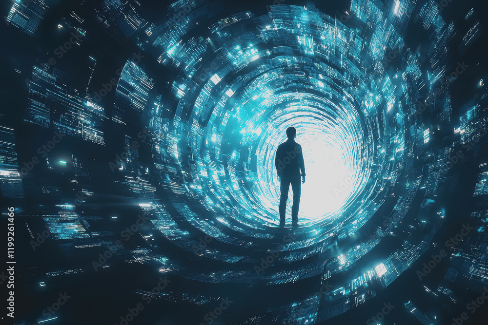 Poster man standing in a tunnel of light illuminated pathway ethereal scene mysterious atmosphere solitary 