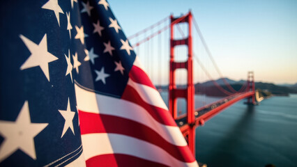 American Flag Flying High with the Iconic Golden Gate Bridge Behind