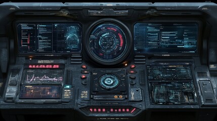 Obraz premium Futuristic Spaceship Cockpit Interface: Advanced Technology and Digital Displays