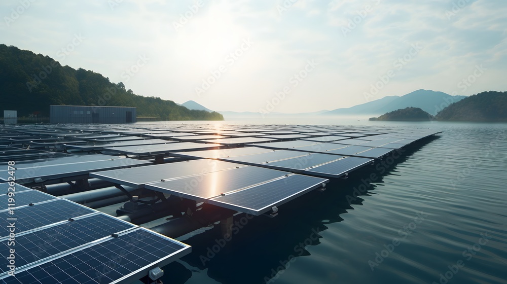 Poster floating solar panels installed on platforms in a large reservoir generating clean and sustainable e