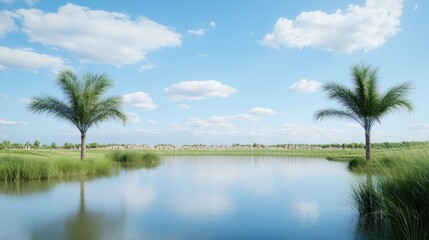 Obraz premium Calm Lake with Palm Trees
