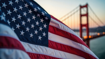 American Flag Unfurled with the Grandeur of the Golden Gate Bridge in the Background 