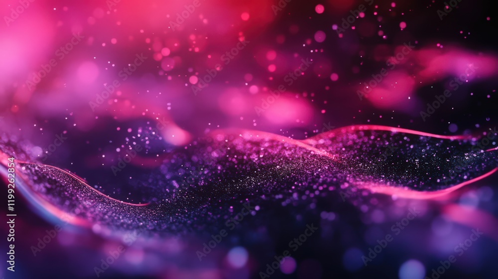 Poster abstract shimmering pink and purple particles flowing in a dynamic wave pattern