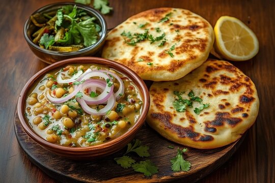 Traditional Indian Matar Kulcha Street-Style Meal with Vibrant Garnishes and Rustic Wooden Table Setting