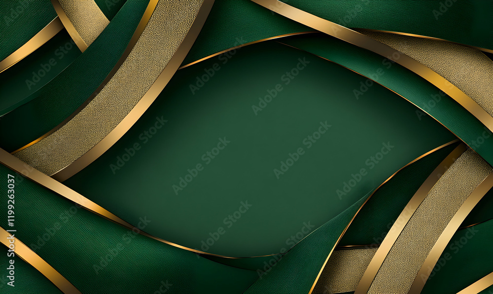 Poster elegant abstract background with interwoven green and gold textured ribbons, creating a luxurious an