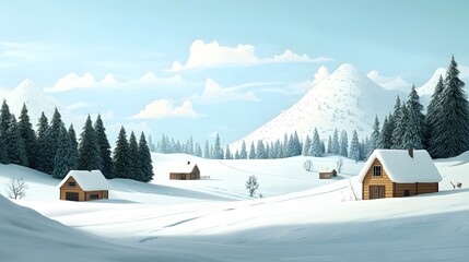 Snowy Landscape with Cozy Cabins