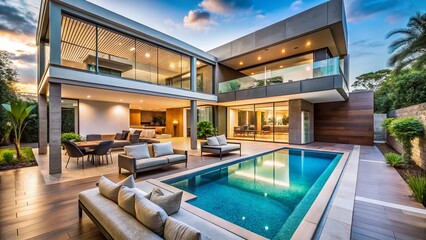 Fototapeta premium Stunning Modern Pool House Lounge Area AI Photography