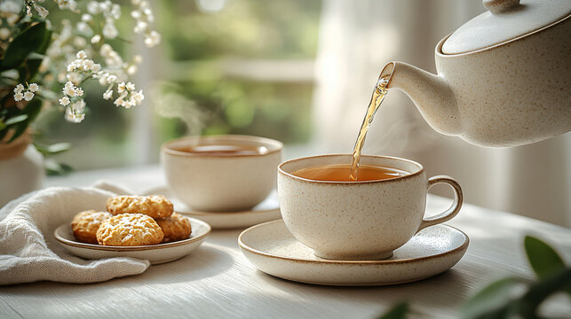 a cup of tea being poured into a teapot