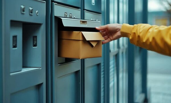 A hand places a package into a secure locker for delivery or pickup.